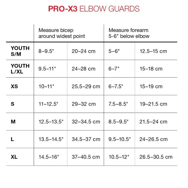 Tabela rozmiarów ochraniacze na łokcie G-Form Pro X3 Elbow